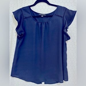 Women's Navy Round Neck  Pleated Top w/ Ruffle Sleeves- XL